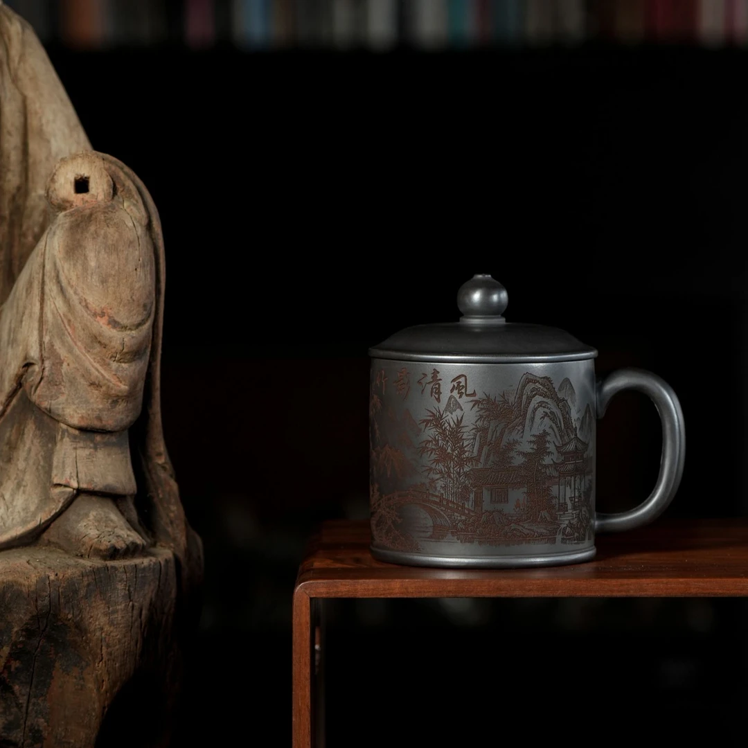 宜兴原矿紫砂玄铁石黄刻字竹影清风老板杯办公杯家用办公茶具