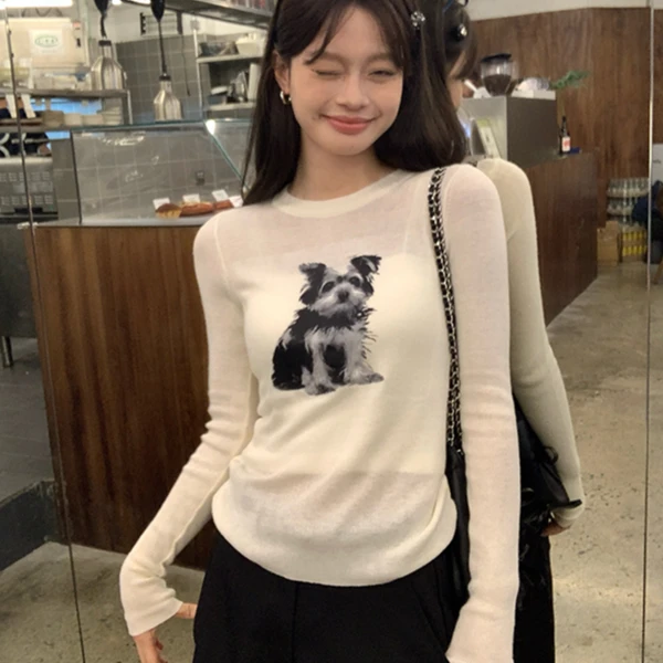 入秋女装杏色针织衫长袖t恤薄款修身印花小狗内搭打底衫洋气上衣