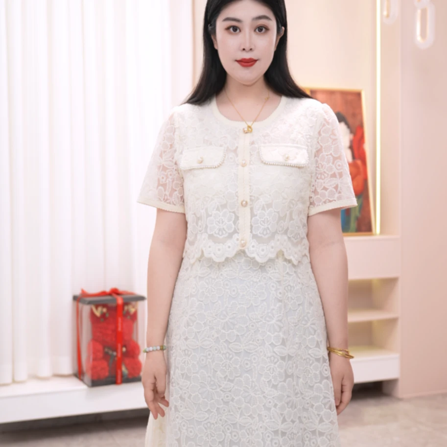 【胖菲】大码女装显瘦减龄镂空蕾丝假两件蕾丝裙