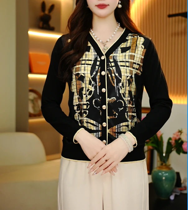 新2025春季时尚百搭桑蚕丝印花女士休闲长袖气质V领开衫-黑金-287