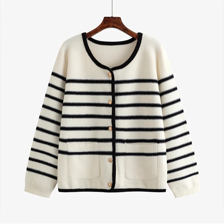 【椰子CocoNut】圆领条纹针织外套胖mm2024胖mm秋冬开衫22593青