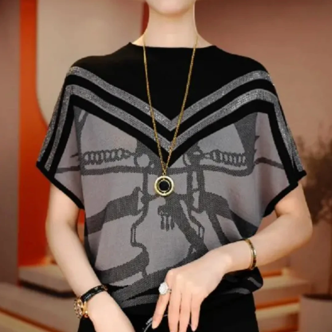 夏季宽松遮肉休闲时尚拼色薄款针织洋气妈妈潮流减龄透气短袖上衣