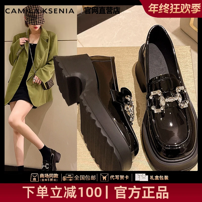 CAMILA KSENIA官方店冬季爆款洋气高跟水钻小皮鞋新款时尚乐福鞋
