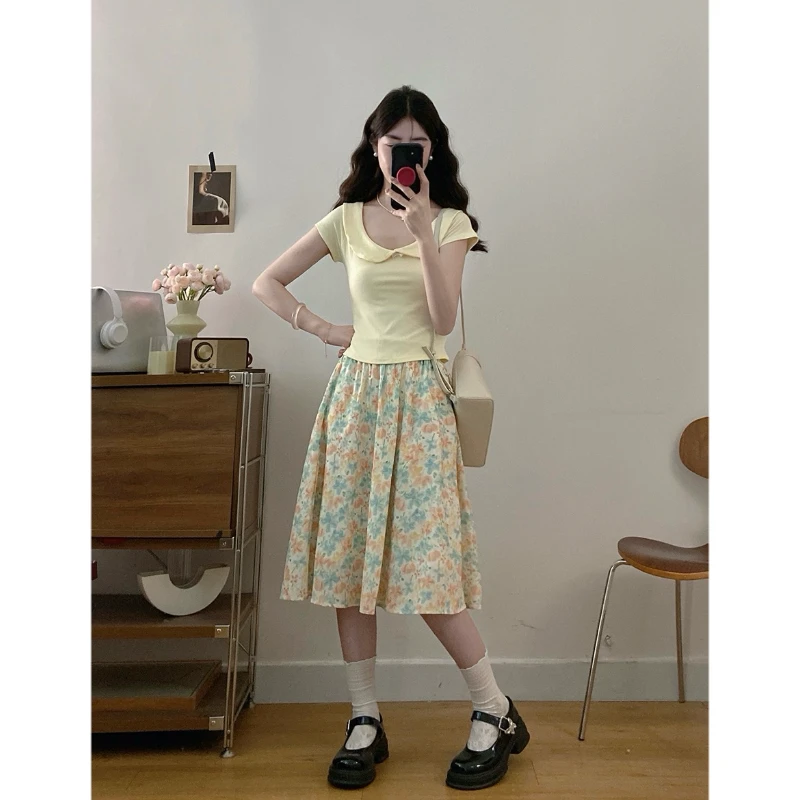 大码女装夏季新款减龄娃娃领蝴蝶结修身T恤碎花A字半身裙法式穿搭