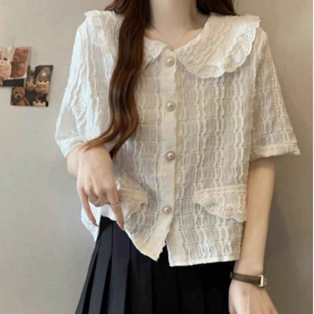 【李姑娘专属】888831韩系蕾丝拼接娃娃领甜美短袖衬衫