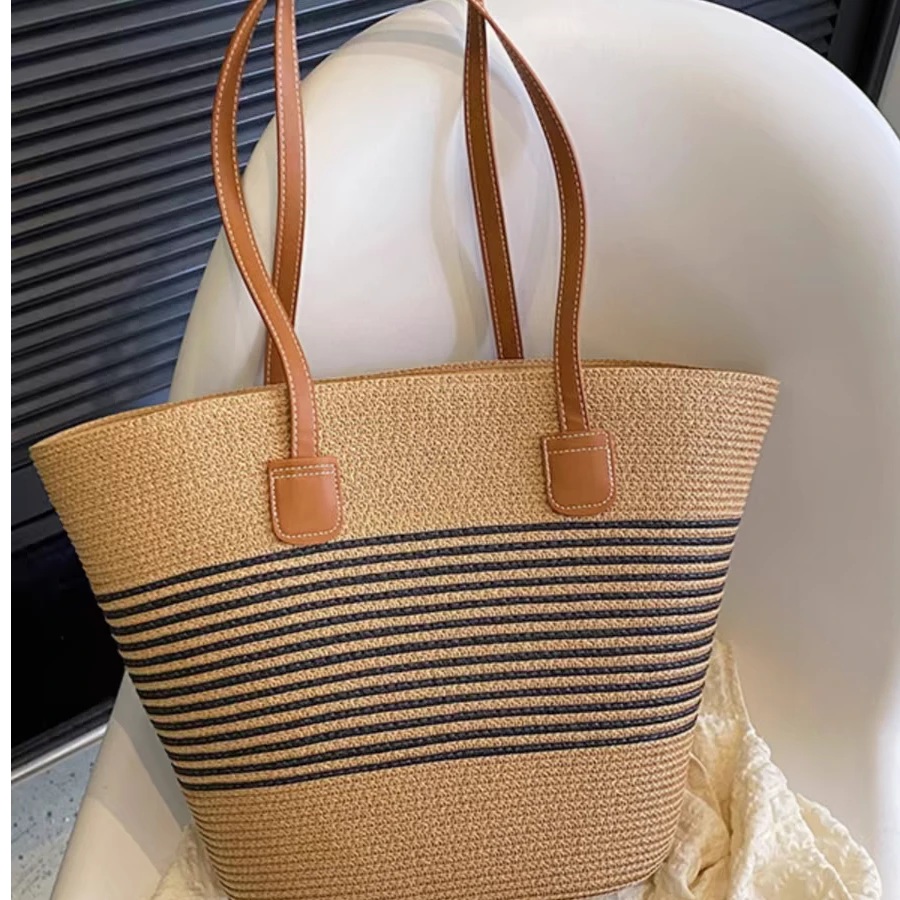 C03大号带拉链加底托经典条纹包气质百搭海边拍照沙滩包