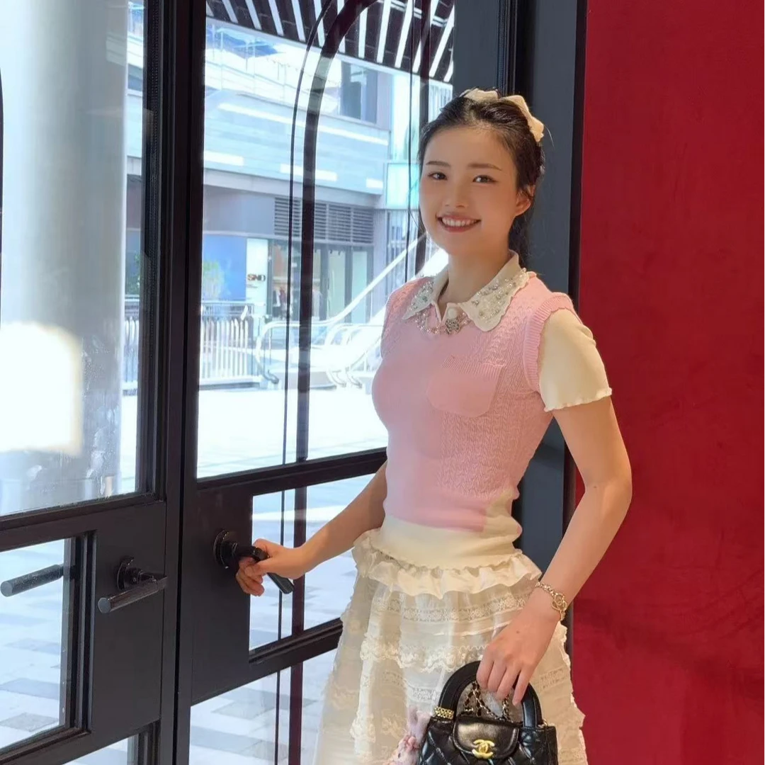 六六（粉白絮语）温柔粉色拼接假两件韩式修身短袖针织衫25新