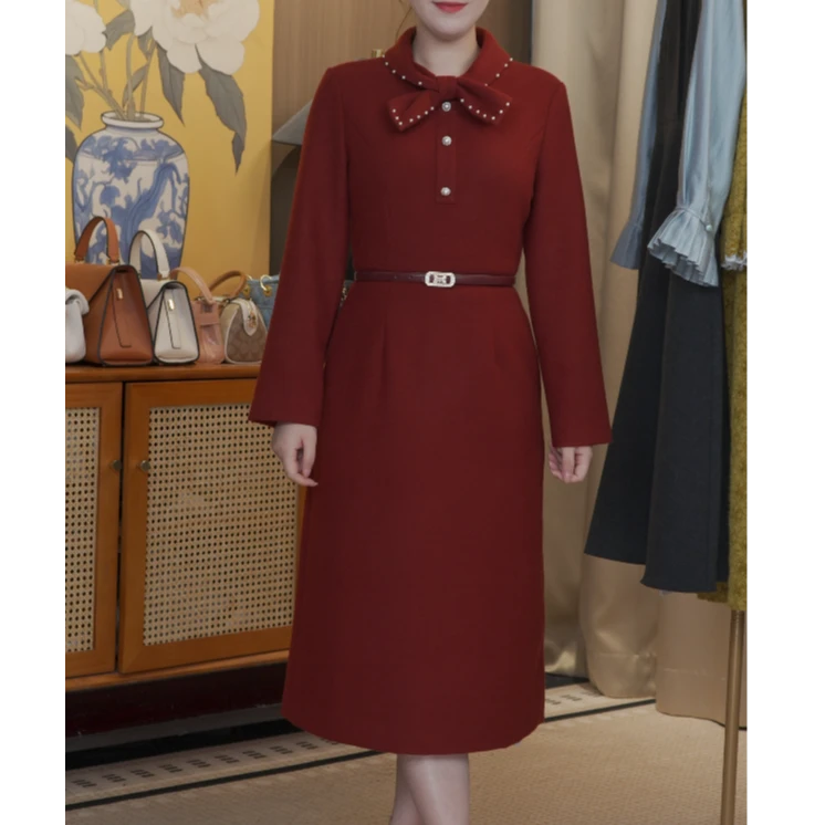 钉珠蝴蝶结红色连衣裙秋冬新款优雅知性显瘦收腰A字裙(有内衬)