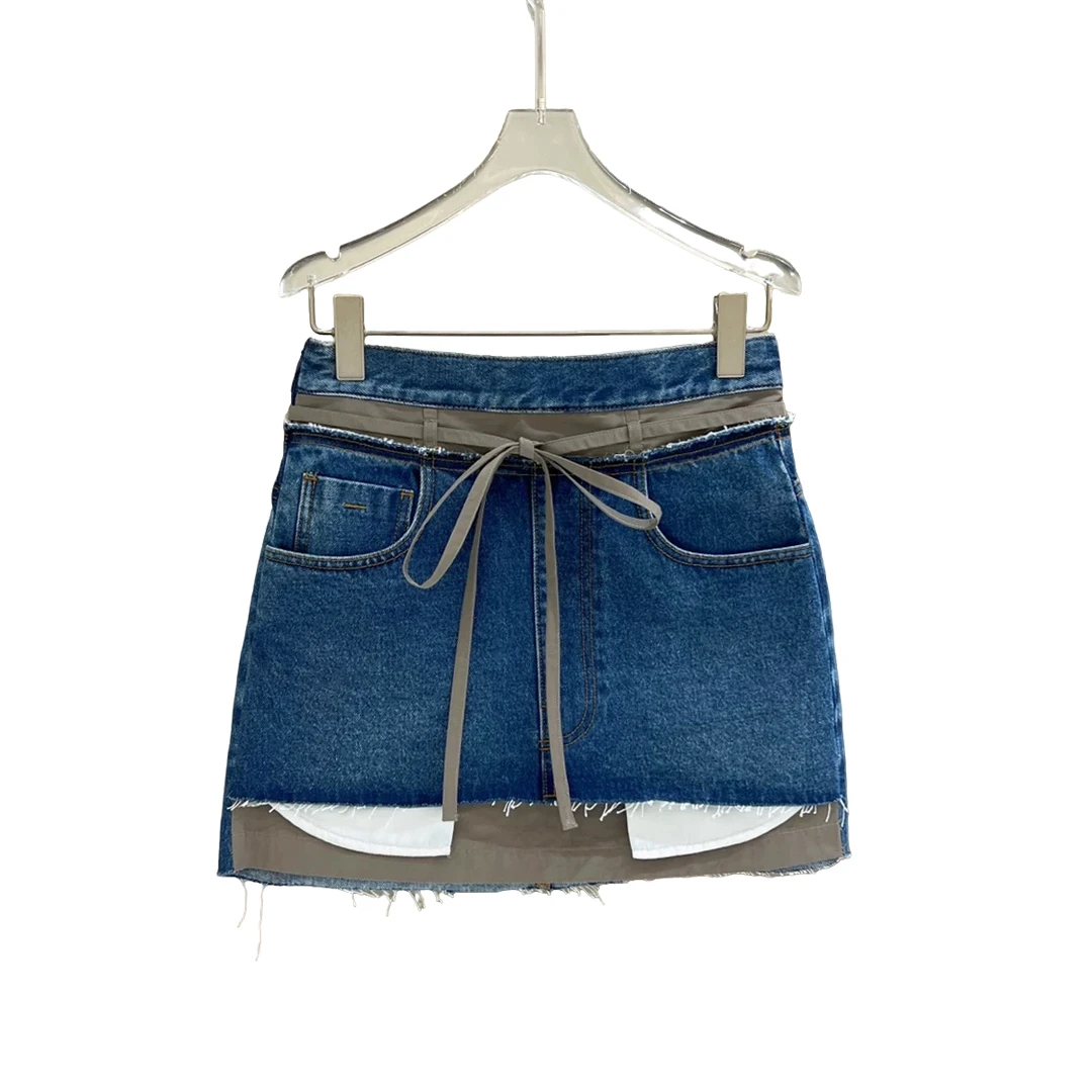 南油小众设计师新品撞色绑带牛仔半身裙