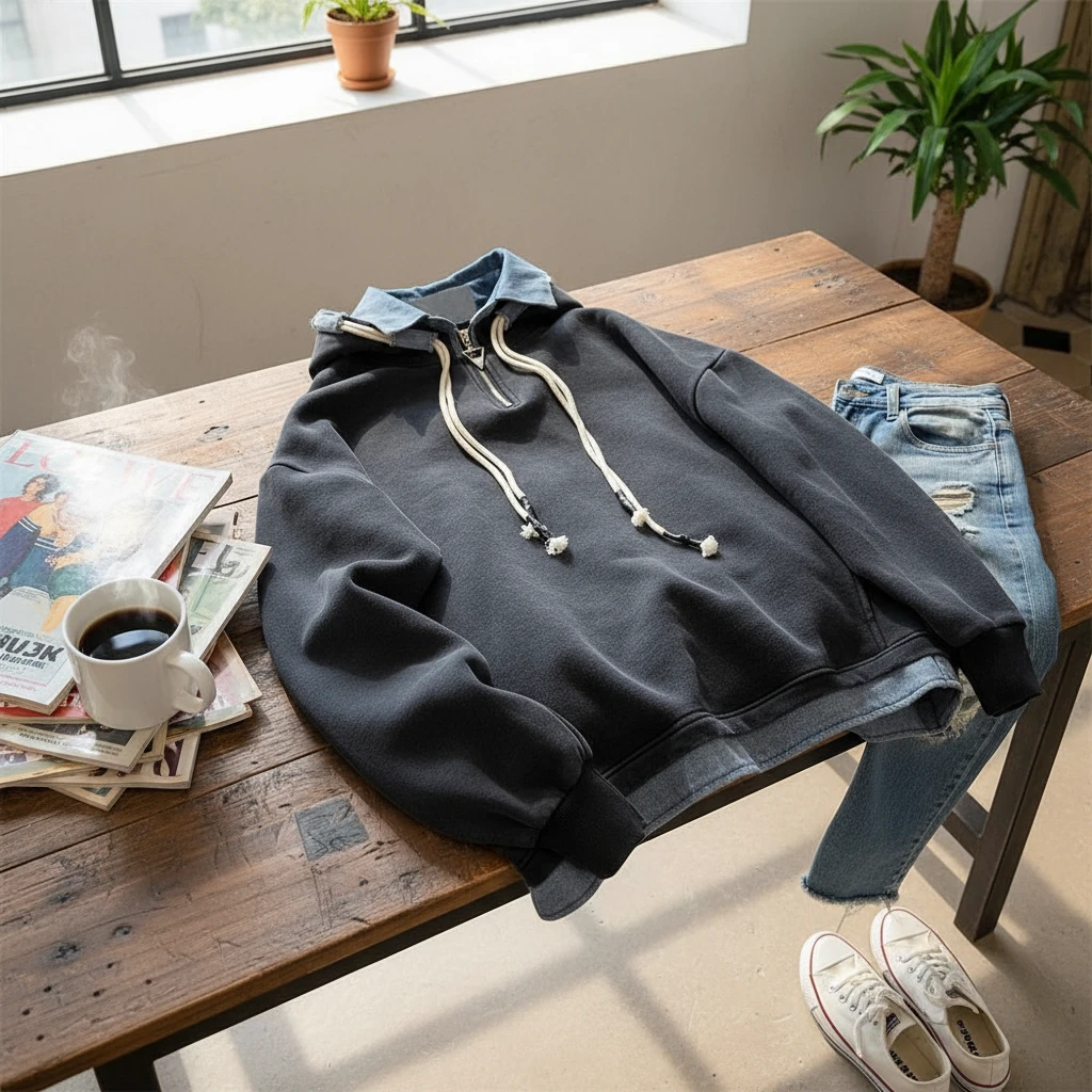 大码300斤美式复古做旧假两件polo衫连帽卫衣男女2025款加绒外套