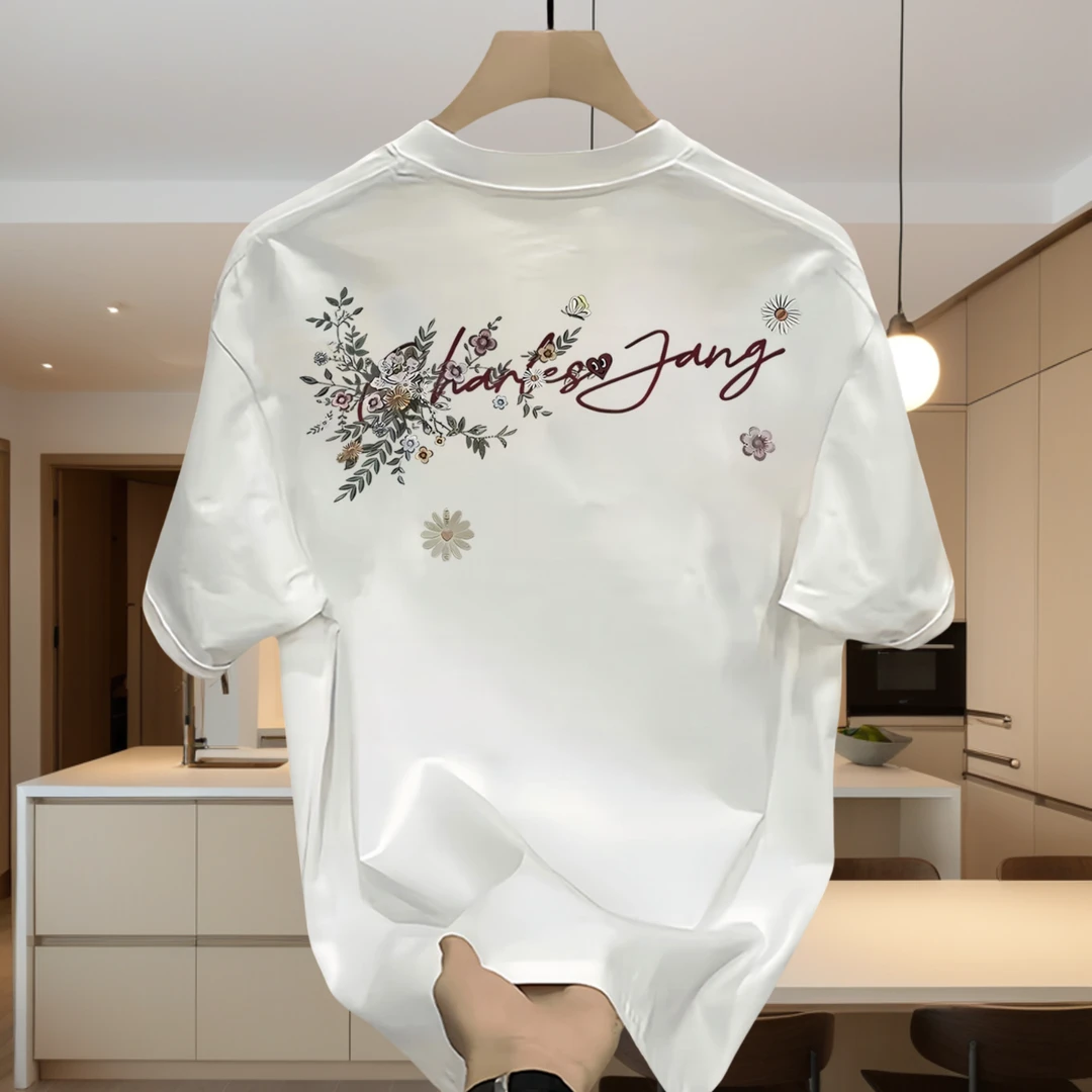 夏季2025新款爆款潮牌男士纯棉短袖T恤男款百搭圆领字母印花上衣