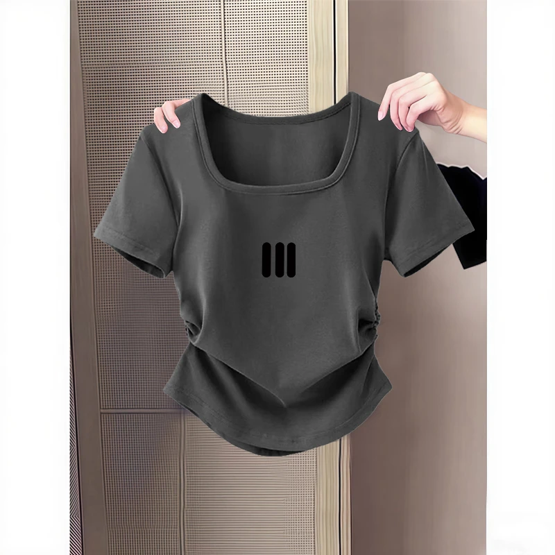 大码女装胖mm辣妹方领正肩t恤女短袖休闲简约修身显瘦褶皱上衣服