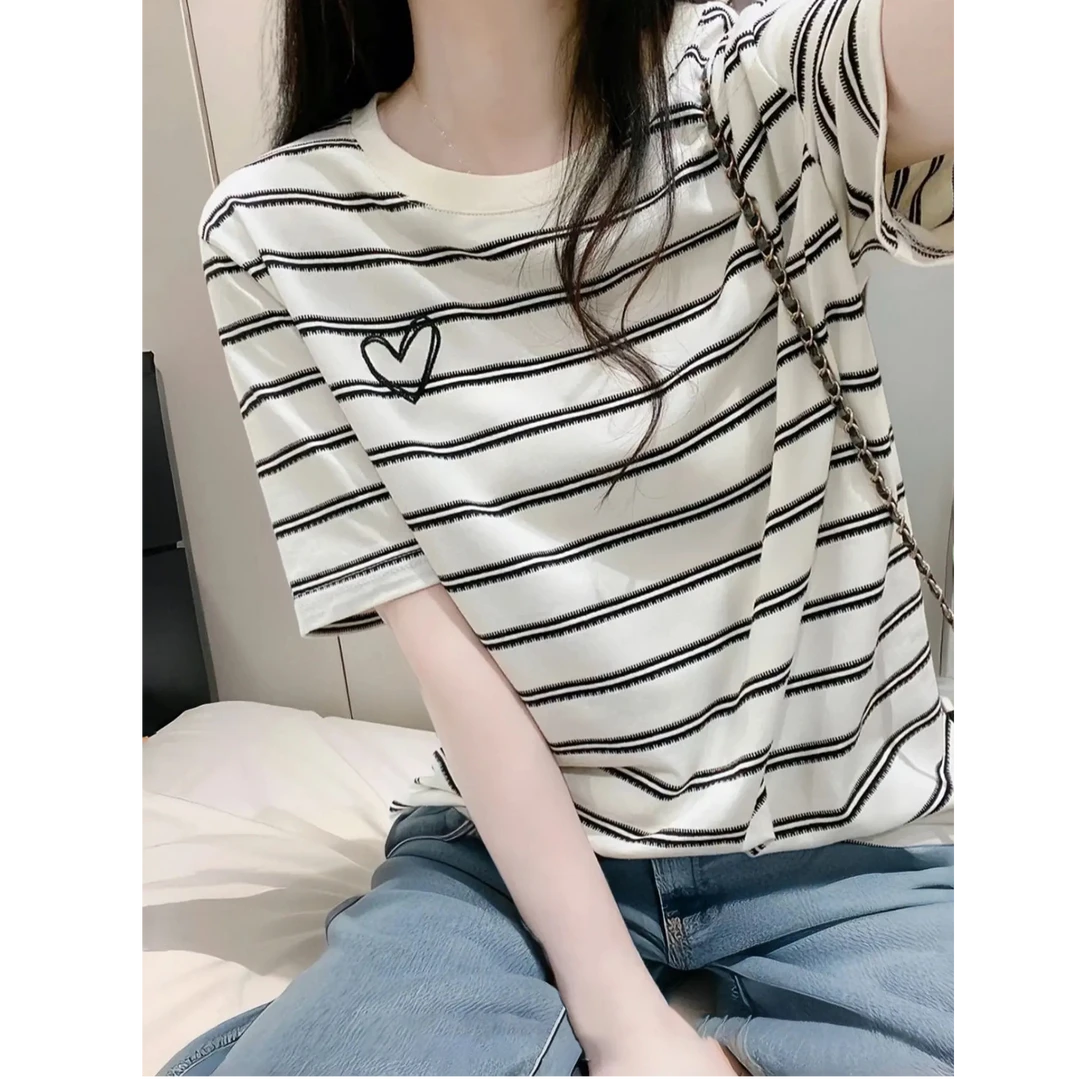 美式港风chic半袖上衣条纹T恤女款短袖夏季新款宽松休闲百搭ins潮