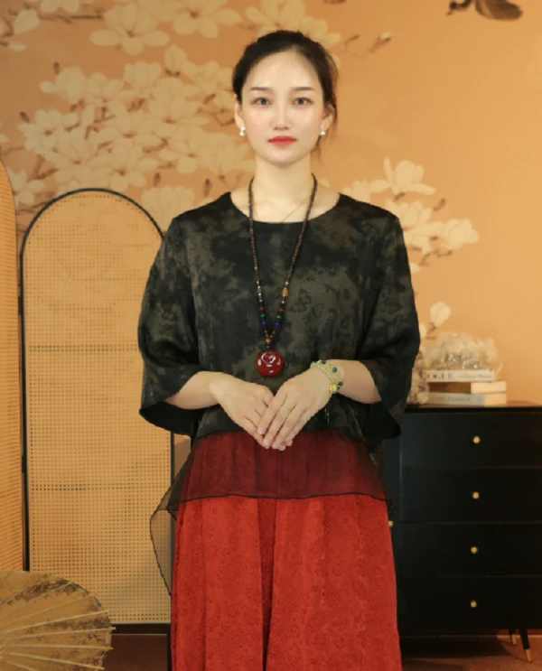 【春江韵】薄款百搭潮流风印花中式潮牌女装夏季宽松上衣-2