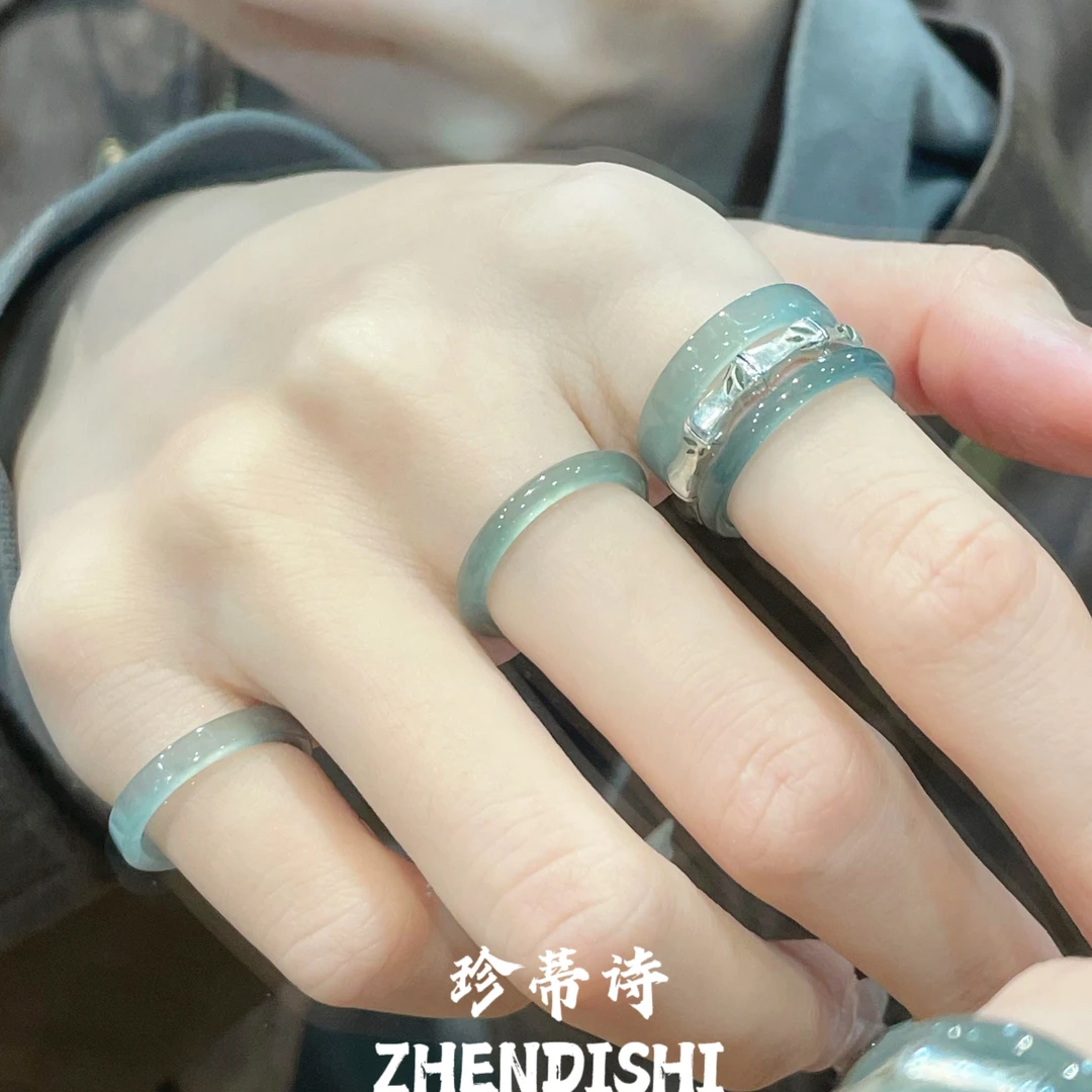 天然蓝水翡翠戒指独龙玉戒圈情侣款马料玛瑙戒指玉髓高级感送礼物