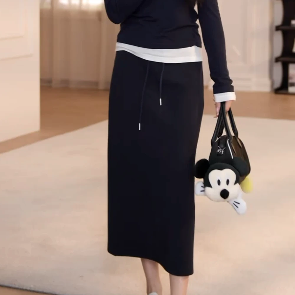 韩系气质休闲抽绳运动半身裙女春季新款开叉卫裙直筒显瘦长裙