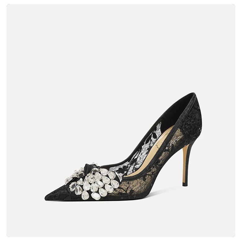 新款蕾丝缕空气质时尚浅口高跟鞋法式通勤优雅尖头单鞋名媛