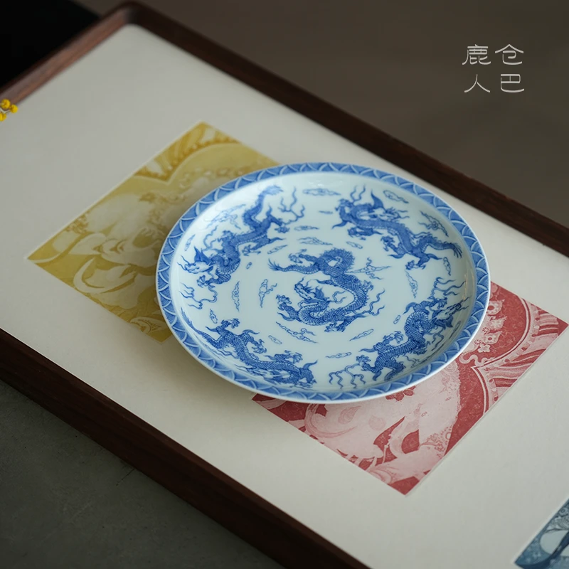 仓巴鹿人 青花云龙纹壶承 景德镇陶瓷纯手工制作茶盘干泡盘茶配件