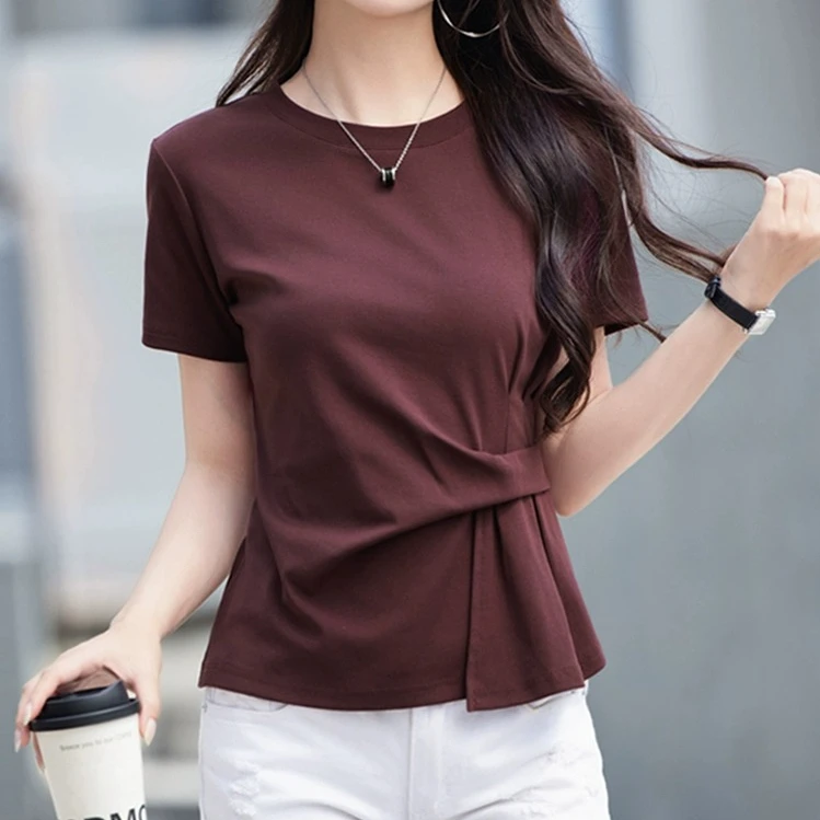夏季短袖T恤女2025夏季新款不规则遮肚子微胖显瘦设计感纯棉上衣