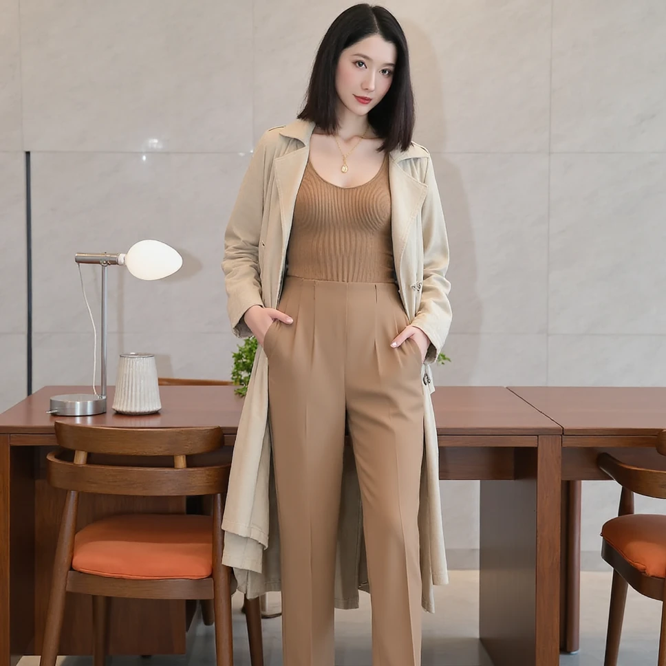 【籽言专属】高级感卡其色西装裤女春秋宽松直筒垂感KT10601