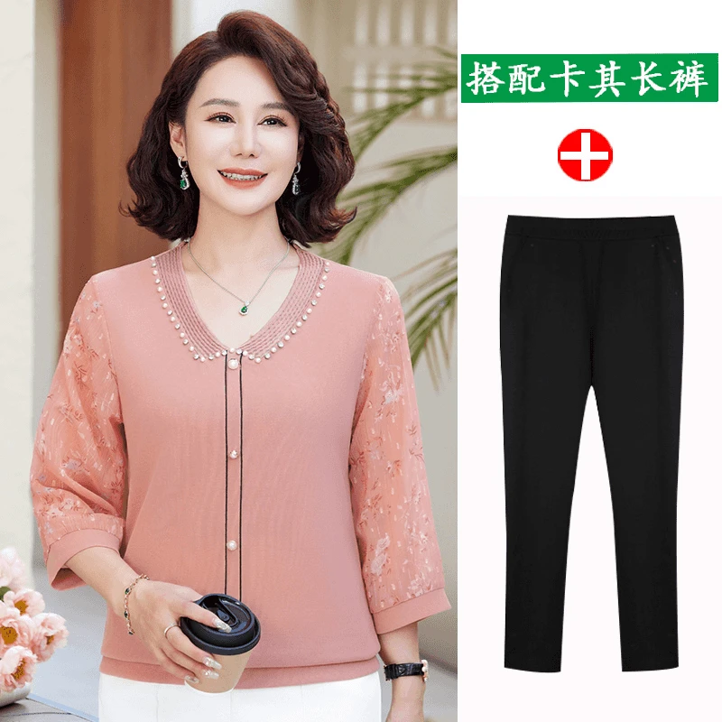 妈妈春装纱袖打底小衫洋气2025新款中年夏季针织t恤上衣薄款2519