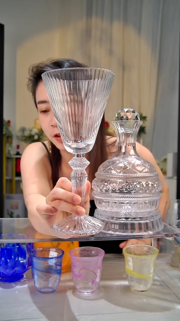 平底款水晶玻璃2只透明复古带脚杯