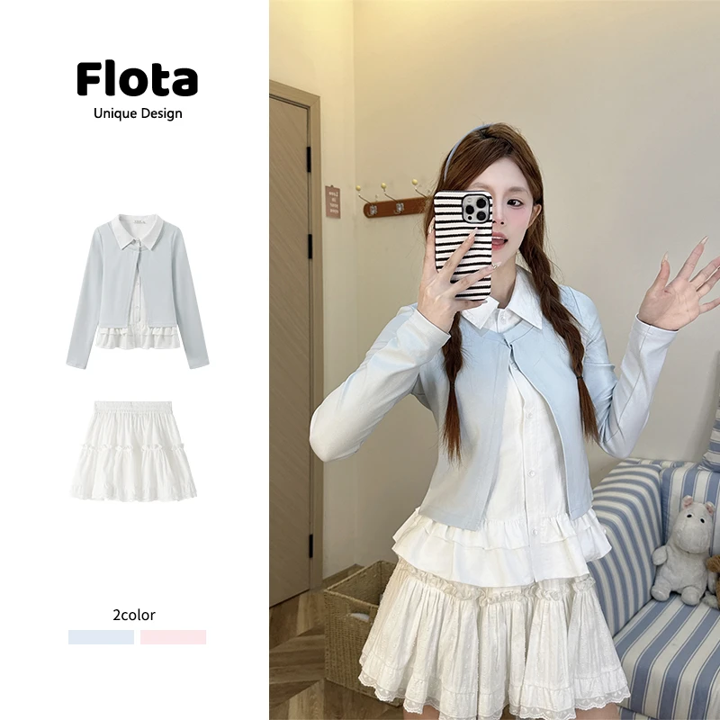 【flota】甜美风假两件Polo领荷叶边长袖设计感正肩短款上衣女2906