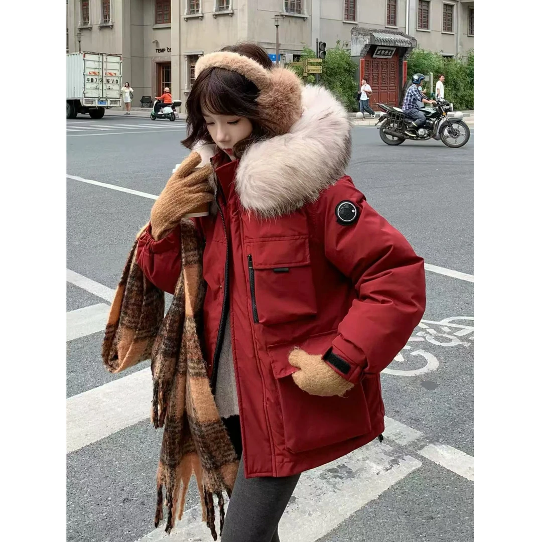 时尚连帽短款外套女2025冬季新款洋气大毛领显瘦外套