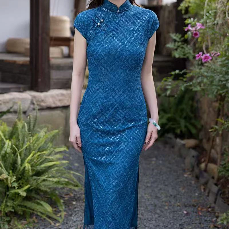 四姑娘| 青出于蓝| 蓝色蕾丝旗袍长款日常修身显瘦走秀表演显年轻