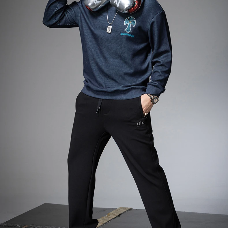 施摩瓦戈欧货秋季男士贴布刺绣圆领卫衣秋冬装长袖T恤打底上衣