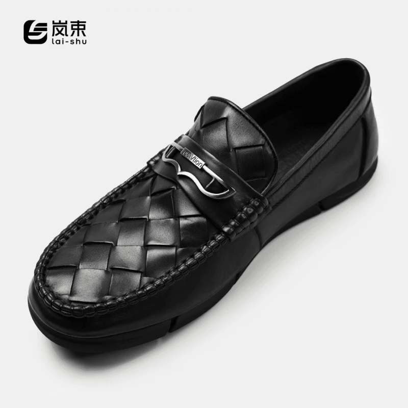 男士休闲鞋透气时尚编织真皮豆豆鞋软皮套脚舒适乐福男鞋潮流百