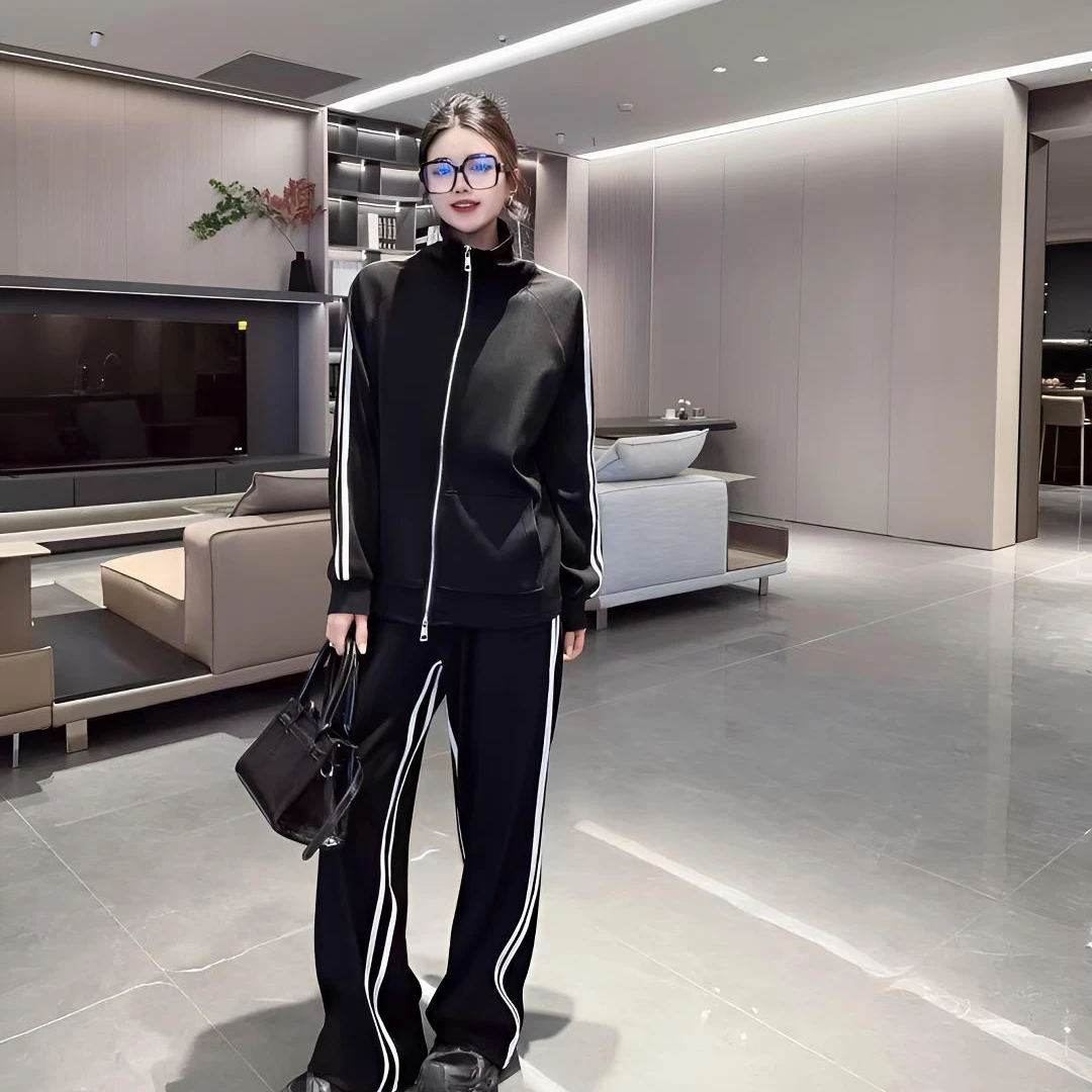 胖M春新款女士立领休闲运动套装潮流外套开衫长裤两件套