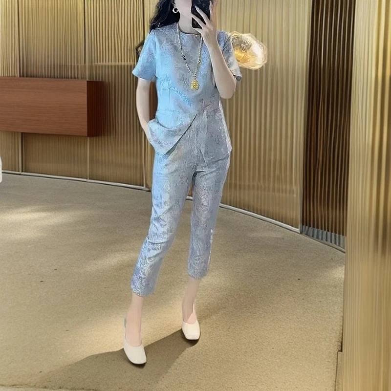 25229大爱美依缘夏季新款新中式提花短袖上衣九分裤套装复古两件