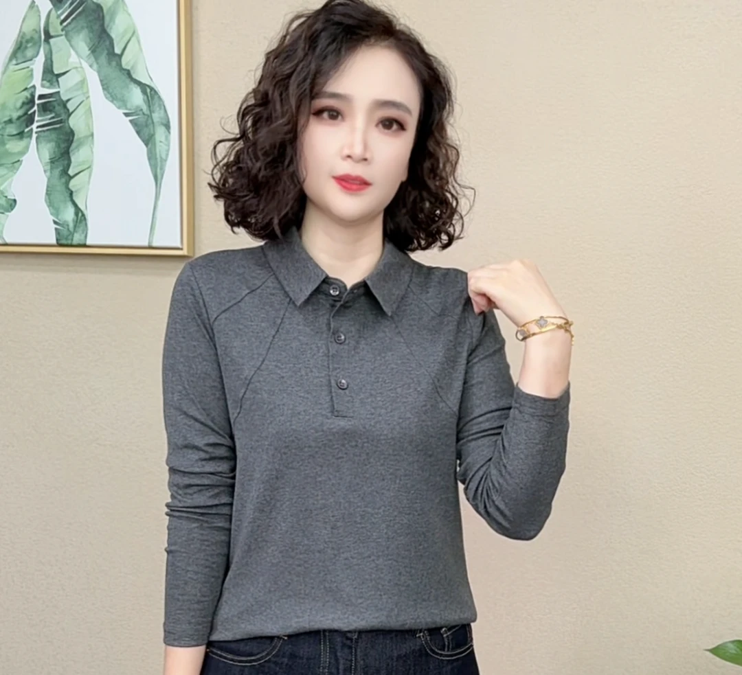 2025秋季新款翻领早秋简约时尚显瘦设计感减龄女士打底上衣#49271