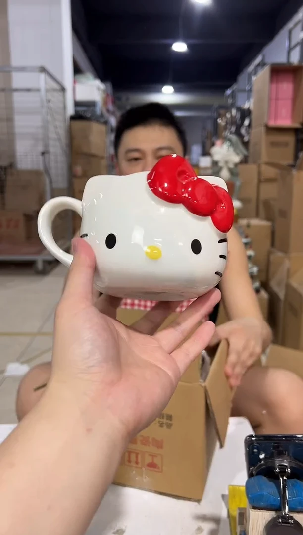 瓷片红色加粉色蝴蝶结kt头杯2件套微瑕