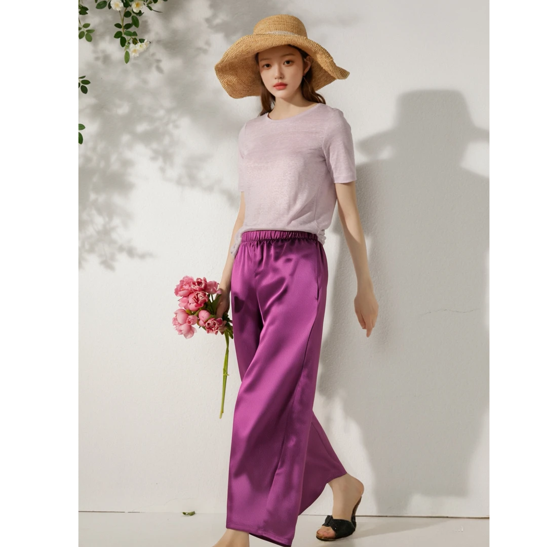 OTEX环保桑蚕丝女居家长裤素绉缎休闲夏薄款垂感宽松老钱风静奢风