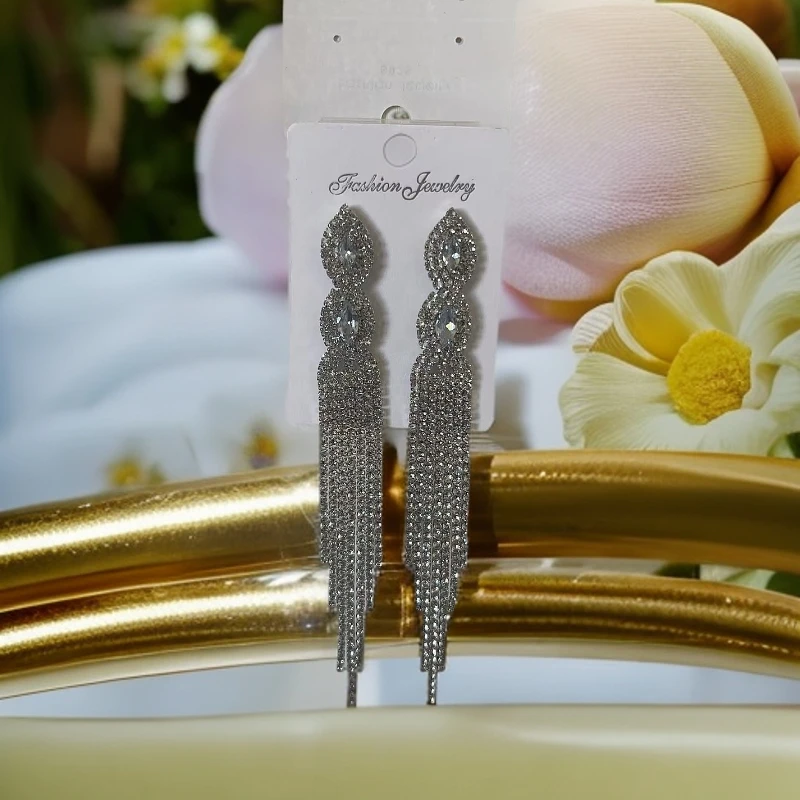 铜合金玻璃耳饰 007流苏耳环轻奢设计感气质耳饰合金镶钻大气新款