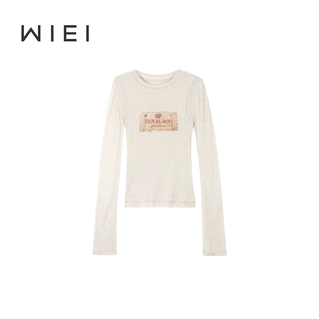 《WI EI》叠影*髙定亚麻美式复古印花分层双层长袖T恤W25300126
