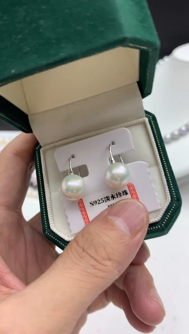银S925镶嵌FF淡水珍珠白珠耳饰d007