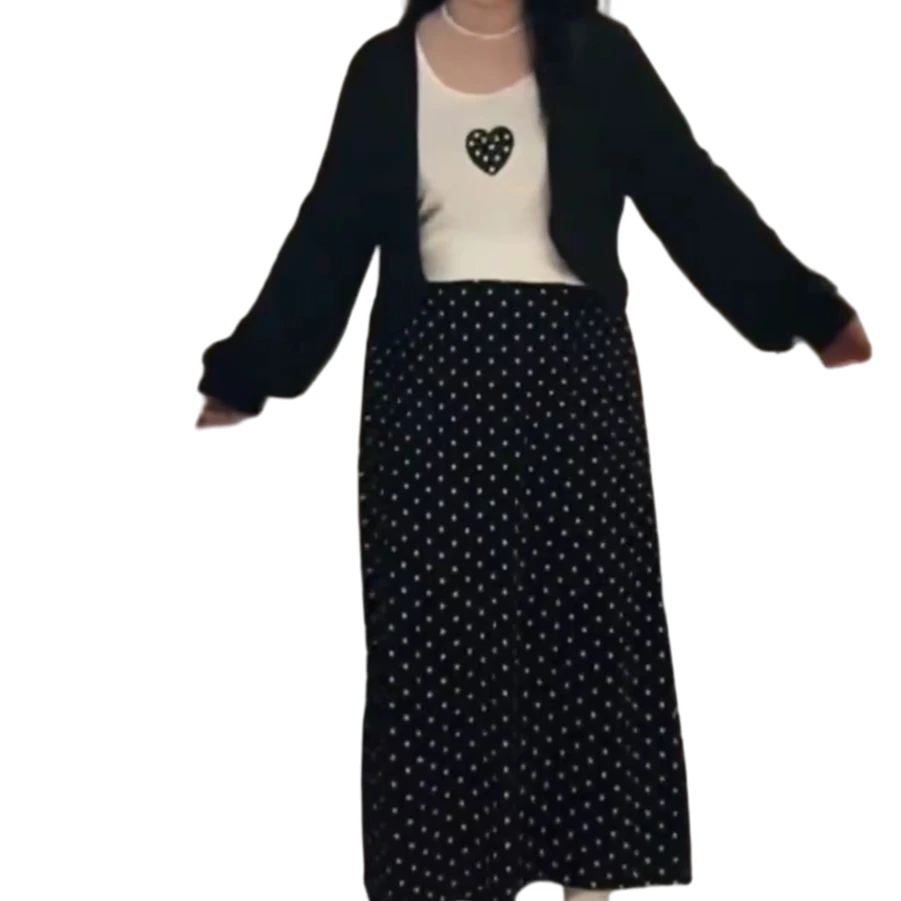 【奶茶啵啵】午餐肉爱心背心开衫女外搭波点半身裙三件套大码女装