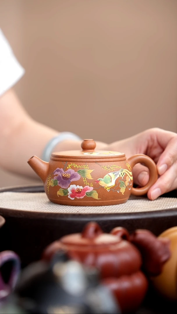 茶壶紫砂金砂段泥石鼓泥绘花鸟