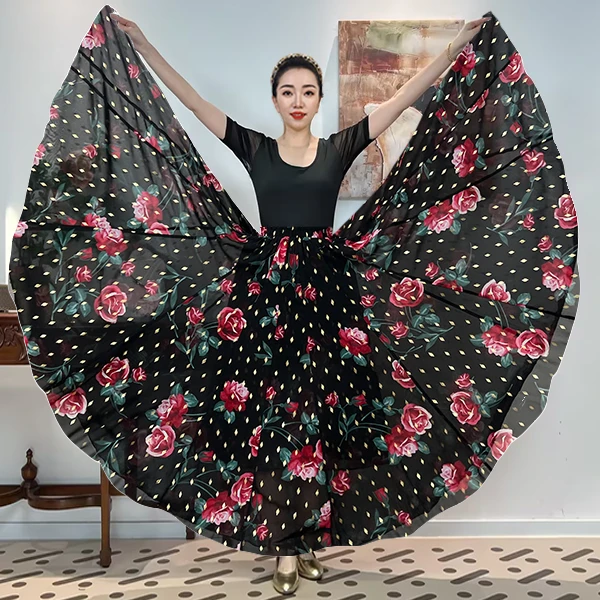 A《玫瑰玫瑰》人丝混纺烫金印满铺花时尚全松紧腰大摆半身裙带衬裙