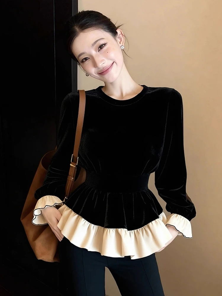 法式小香风贵气感赫本风掐腰上衣高级感黑色荷叶边长袖衬衫女冬季