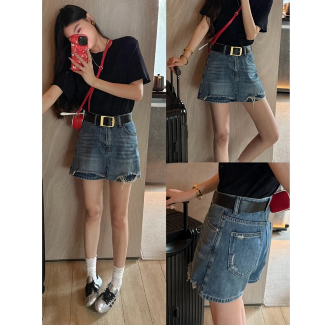 破洞毛边a字牛仔裙裤女2025夏季新款高腰显瘦短裤牛仔裤裙