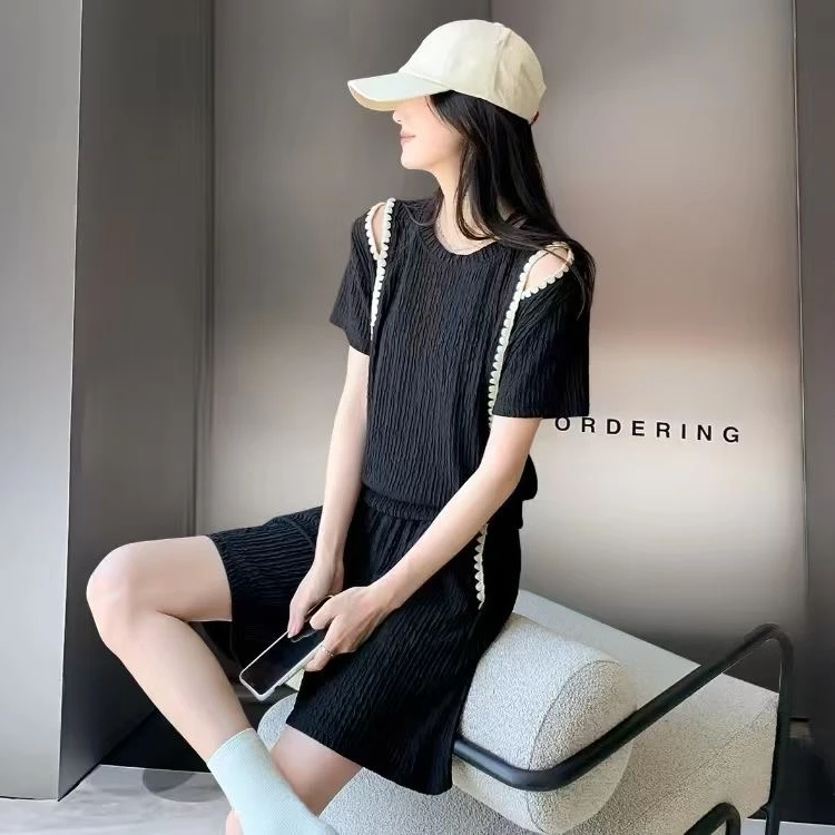 木耳边露肩短袖短裤套装显瘦时尚休闲百搭宽松夏季