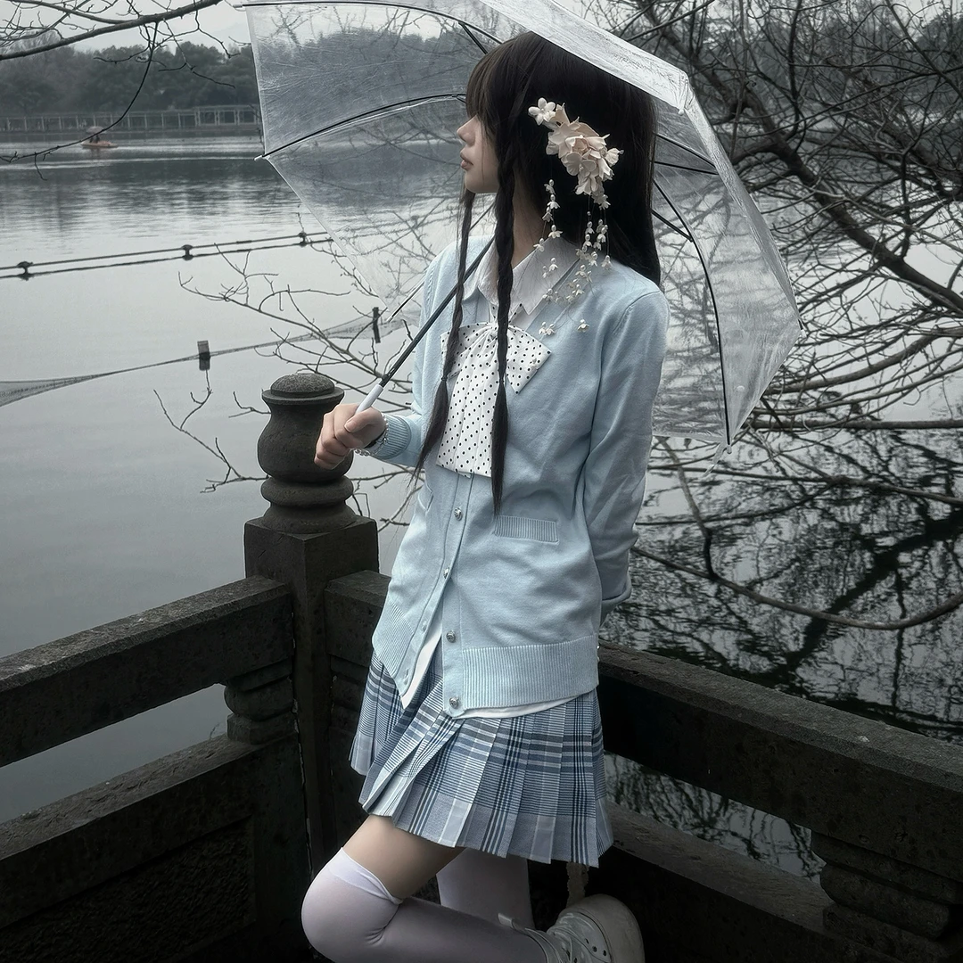 【摄氏度】原创葵子JK制服裙正版高腰百褶裙格裙针织开衫衬衫套装