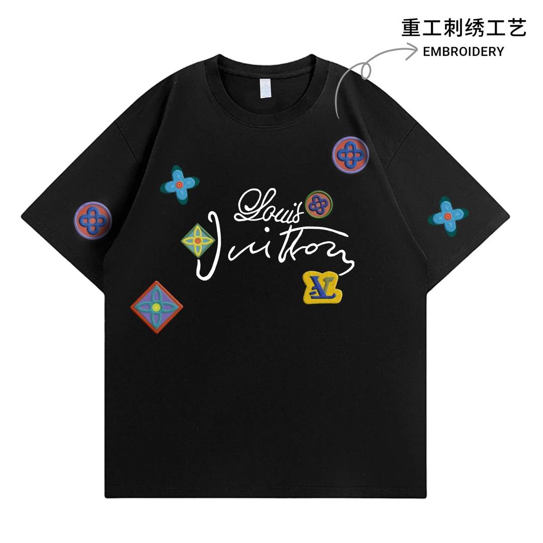 门店在售189+现货重工刺绣～外贸高克重纯棉潮牌男女同款短袖上衣