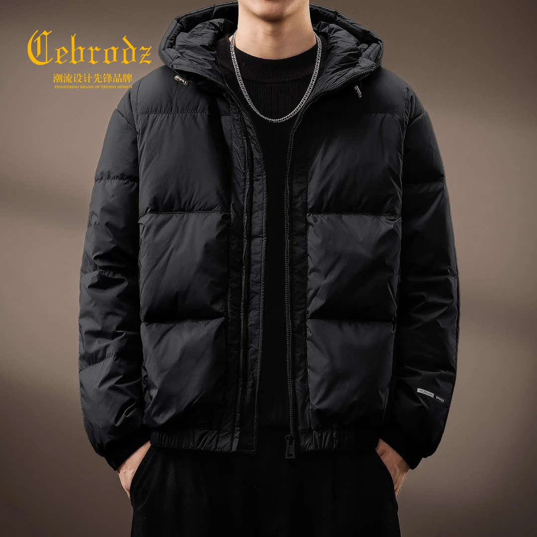 法国Cebrodz高端鸭绒防风羽绒服男士连帽短款冬季美式保暖面包服