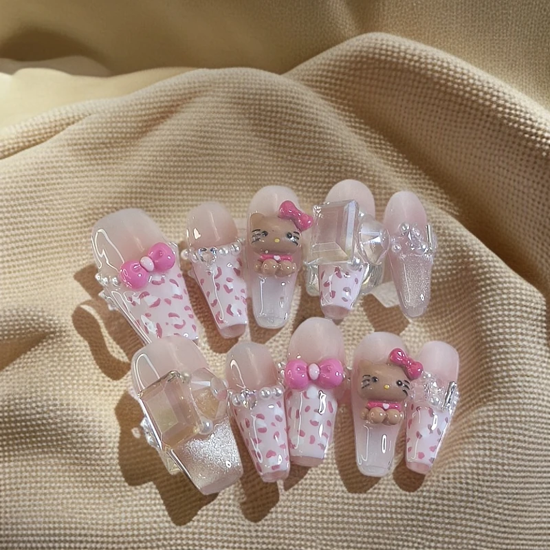 俏皮豹纹Kitty蝴蝶结美甲穿戴甲甜美秋冬美拉德可爱手工甲片气质