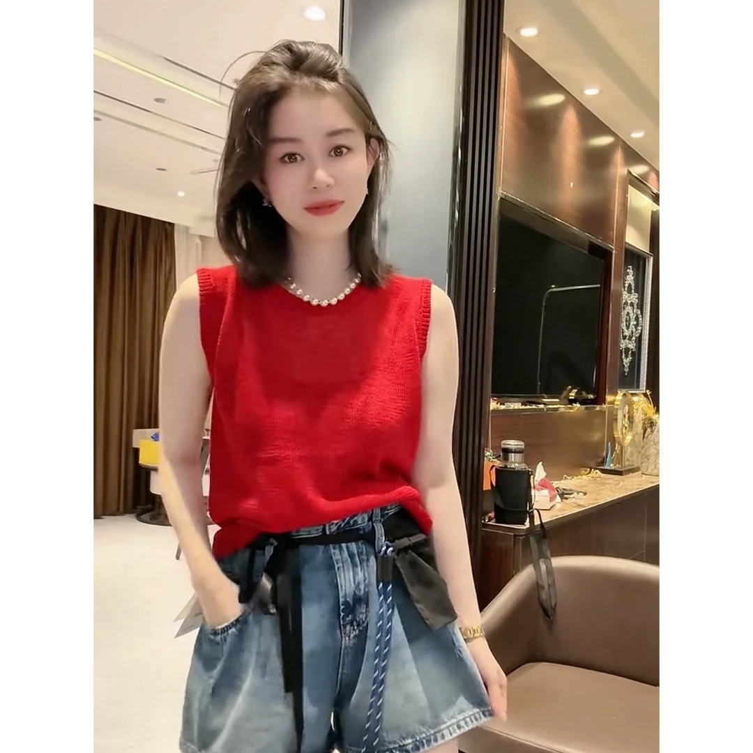 欧货无袖圆领针织衫女夏季新款设计感后背纽扣气质微透薄款背心潮